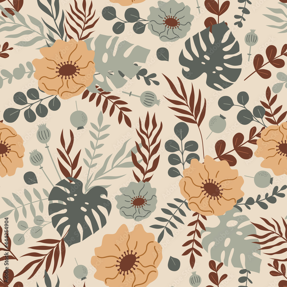 Seamless pattern with bohemian flower, tropical plants, monstera leaf. Vector floral illustration