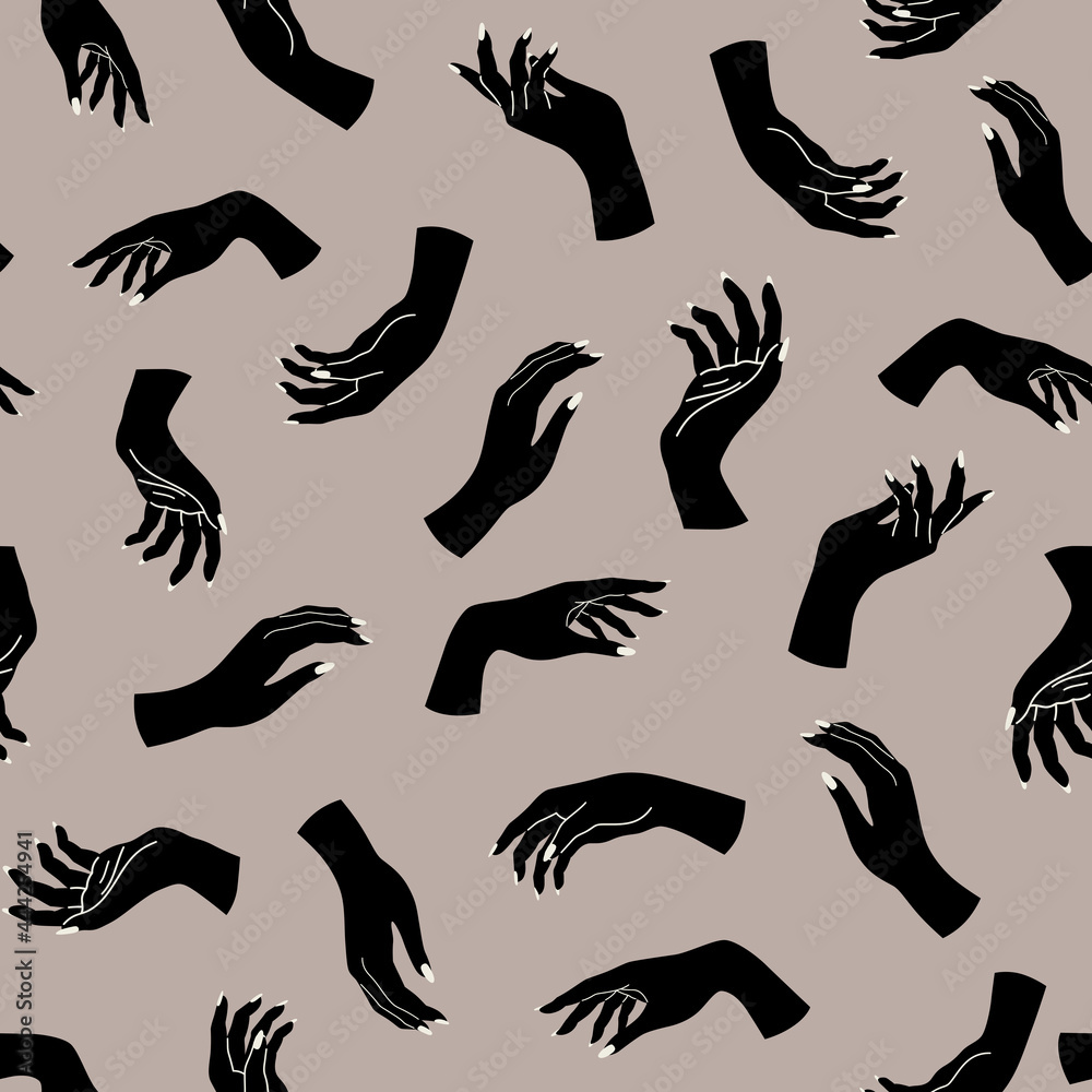 Vector seamless modern pattern with magical hands and wrist. Bohemian aesthetic background for print, fabric, textile, wallpaper Vector seamless modern pattern with magical hands and wrist. Bohemian aesthetic background for print, fabric, textile, wallpaper