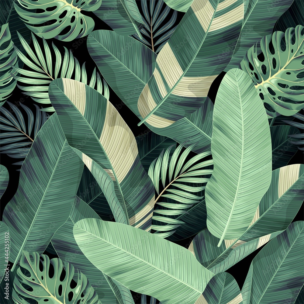 Vector seamless pattern with exotic palm leaves