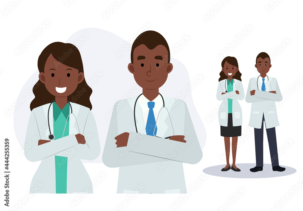 Team of doctors. Male and female doctors. African american doctors. medical staff, Flat vector cartoon character illustration. Team of doctors. Male and female doctors. African american doctors. medical staff, Flat vector cartoon character illustration.