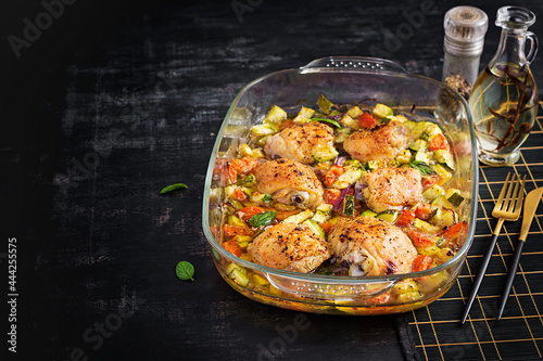 Baked chicken thighs, zucchini and vegetables in a baking dish on a dark table.