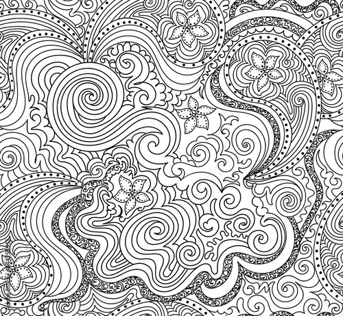 Beautiful abstract vector seamless pattern with handwritten curling lines, doodles and flowers	