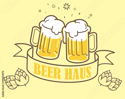 Cheers with two mugs of beer with foam on yellow background. Beer House banner.