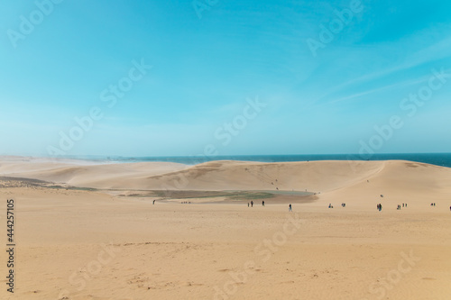 Beautiful landscape Tottori Sand Dunes (Tottori Sakyu), located near the city of Tottori in Tottori Prefecture, in sunny day with blue sky. They form the large dune system over 2.4 km in Sanin, Japan