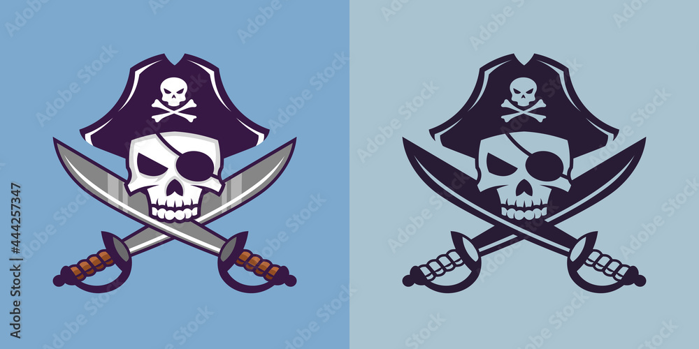 Skull with crossed sabers in different styles. Pirate concept art.