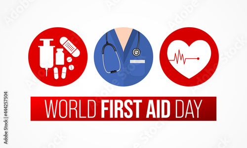 World First Aid day is observed every year in September, it is the first and immediate assistance given to any person suffering from either a minor or serious illness or injury. Vector illustration
