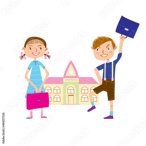 Joyful   artoon boy and girl on the way to school. Back to school vector illustration.
