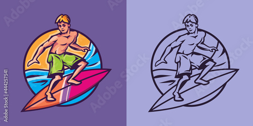 Man standing on surfboard in different styles. Surfing concept art.