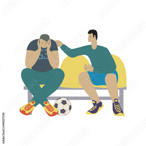 Cartoon young people are sitting on a bench with soccer ball. Footballer pats sad guy on the shoulder. Men in sportswear vector illustration.