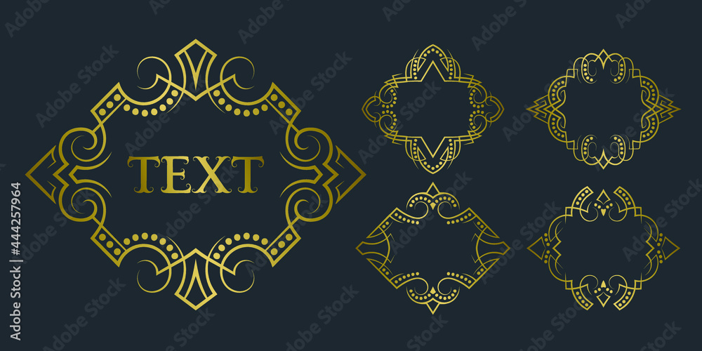 Golden old-fashioned frame set for short text. Vintage vector invitation templates or greeting card design element.