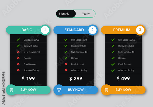 Modern looking pricing comparison table design with four subscription plans. Comparison table. Price chart template, business plan pricing grid, web banner checklist design template.