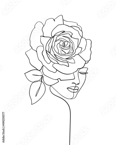 Beauty face with flower rose line drawing art. Abstract minimal portrait continuous line. - Vector illustration
