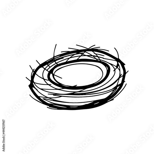Hand drawing black vector Illustration of a bird nest without eggs isolated on a white background