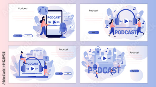 Podcast concept. Tiny people listening audio. Podcaster, Online training, radio show or audio blog. Screen template for landing page, template, ui, web, mobile app, poster, banner, flyer. Vector 
