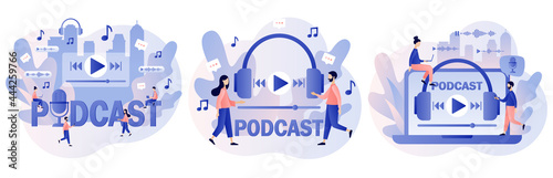 Podcast concept. Tiny people listening audio. Podcaster speaking in microphone. Online training, radio show or audio blog. Modern flat cartoon style. Vector illustration on white background 
