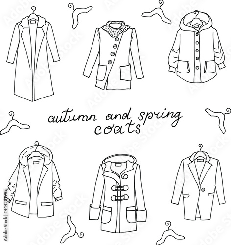Set of autumn winter models female coats. Hand drawn doodle coat and hanger. Vector illustration © designer_golovkina