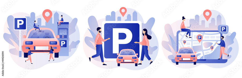 Car in Parking area. Public car-park. Urban transport. Road sign. Tiny people looking for parking space, park automobile. Modern flat cartoon style. Vector illustration on white background Car in Parking area. Public car-park. Urban transport. Road sign. Tiny people looking for parking space, park automobile. Modern flat cartoon style. Vector illustration on white background