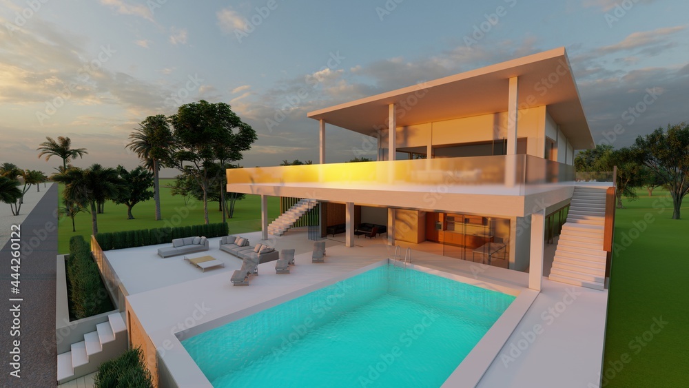 Architecture background exterior of a two-storey house with terraces and a swimming pool 3d render