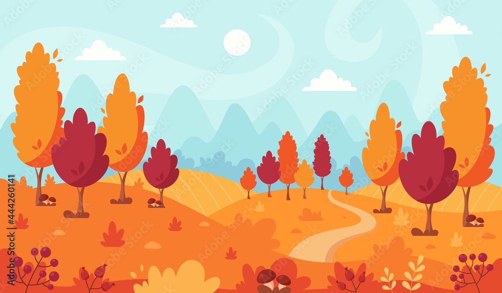 Autumn landscape with trees, mountains, fields, leaves. Countryside landscape. Autumn background. Vector illustration