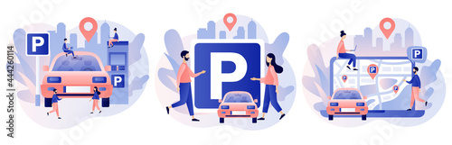 Car in Parking area. Public car-park. Urban transport. Road sign. Tiny people looking for parking space, park automobile. Modern flat cartoon style. Vector illustration on white background