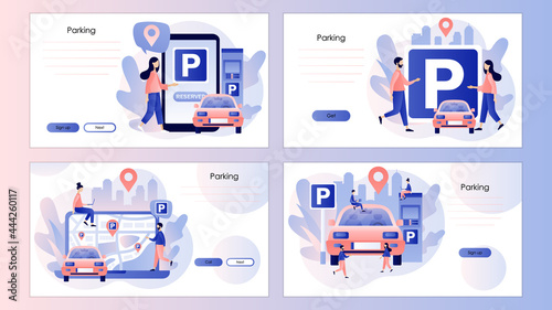 Car in Parking area. Public car-park. Urban transport. Road sign. Tiny people looking for parking space. Screen template for landing page, template, ui, web, mobile app, poster, banner, flyer. Vector 