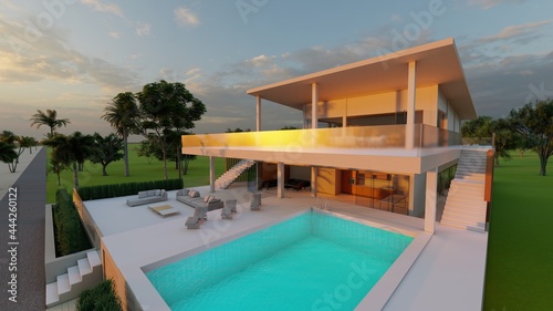 Architecture background exterior of a two-storey house with terraces and a swimming pool 3d render © Annuitti