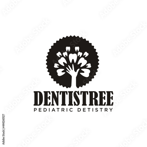 Dentistree logo, pediatric dentistry service with hand kids and teeth  leaves become tree © Budi