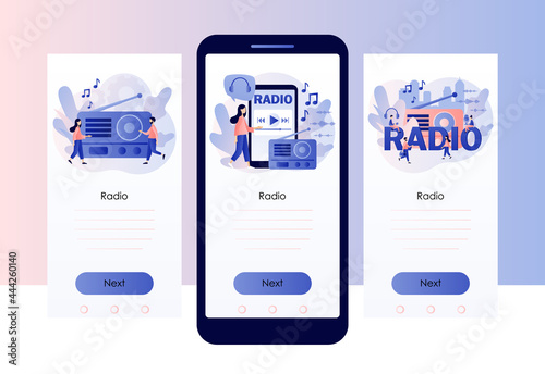 Radio On-air. Tiny people listening boombox, audio, music, talk show, interviews of guest. Retro old radio. Screen template for mobile, smartphone app. Modern flat cartoon style. Vector illustration