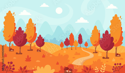 Autumn landscape with trees, mountains, fields, leaves. Countryside landscape. Autumn background. Vector illustration