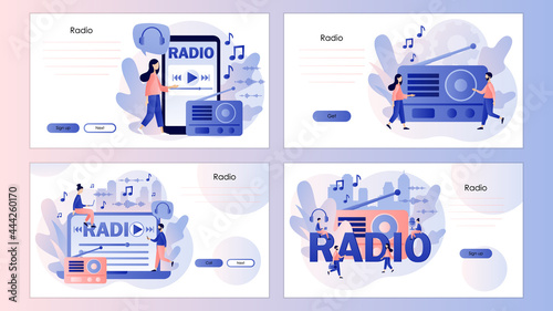 Radio On-air. Tiny people listening boombox, audio, music, talk show, interviews of guest. Retro radio. Screen template for landing page, template, ui, web, mobile app, poster, banner, flyer. Vector