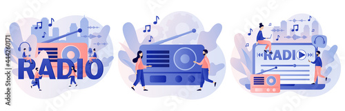 Radio On-air. Tiny people listening boombox, audio, music, talk show, interviews of guest online. Retro old radio. Modern flat cartoon style. Vector illustration on white background