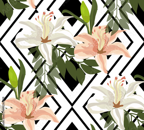 Modern seamless pattern with lily flowers buds and leaves on black and white geometric background.