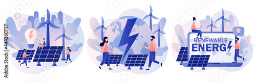Alternative renewable energy. Tiny people on Power plant with solar panels and windmills. Green energy concept. Eco Industry. Modern flat cartoon style. Vector illustration on white background