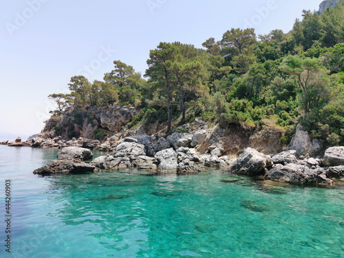 Beautiful view of the azure coast, rocks and pine trees. The Aegean sea. Turkey, Kusadasi.
