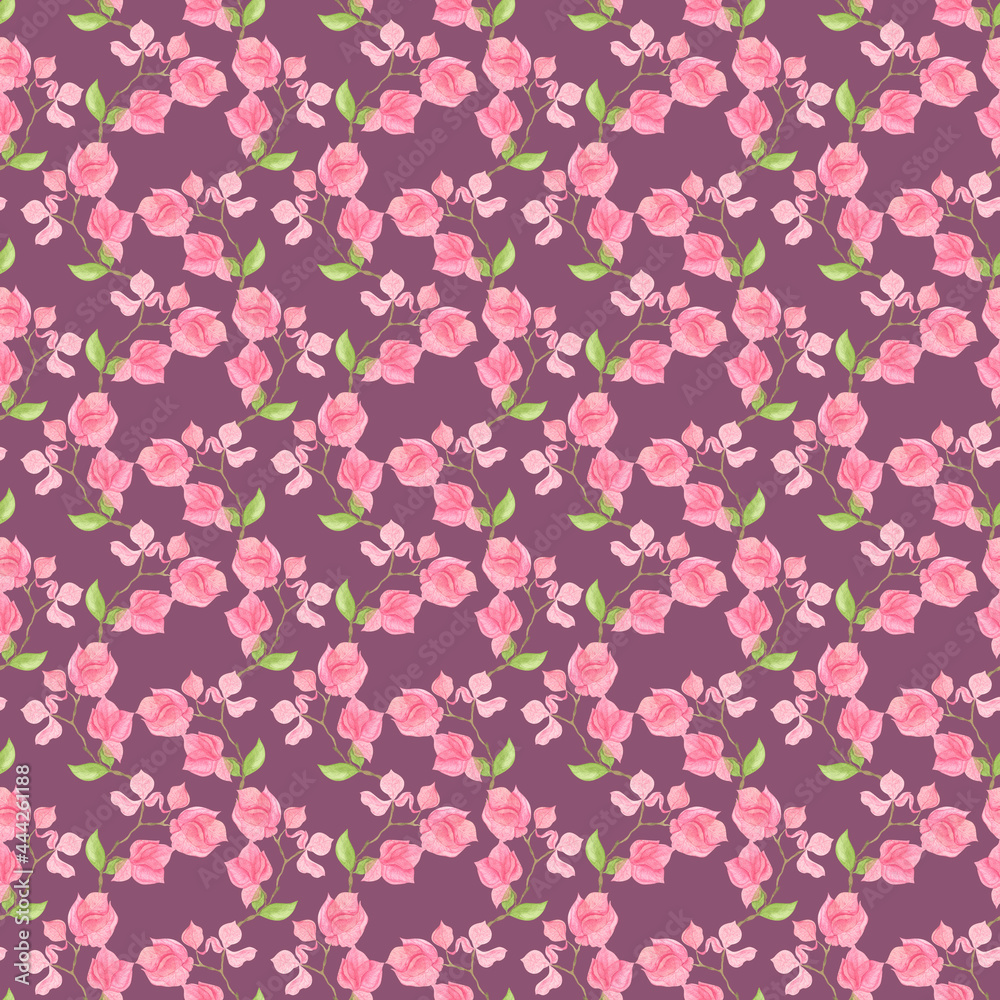 Intertwining seamless pattern with delicate pink bougainvillea flowers.