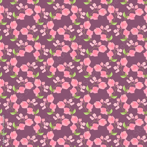 Intertwining seamless pattern with delicate pink bougainvillea flowers.