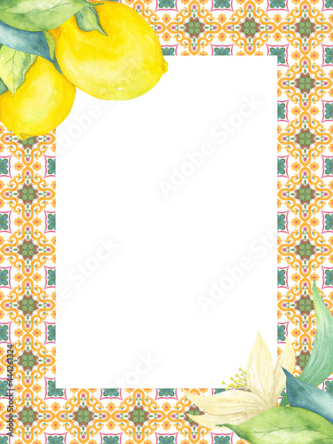 Vertical frame with a mosaic pattern around the edges and lemons.