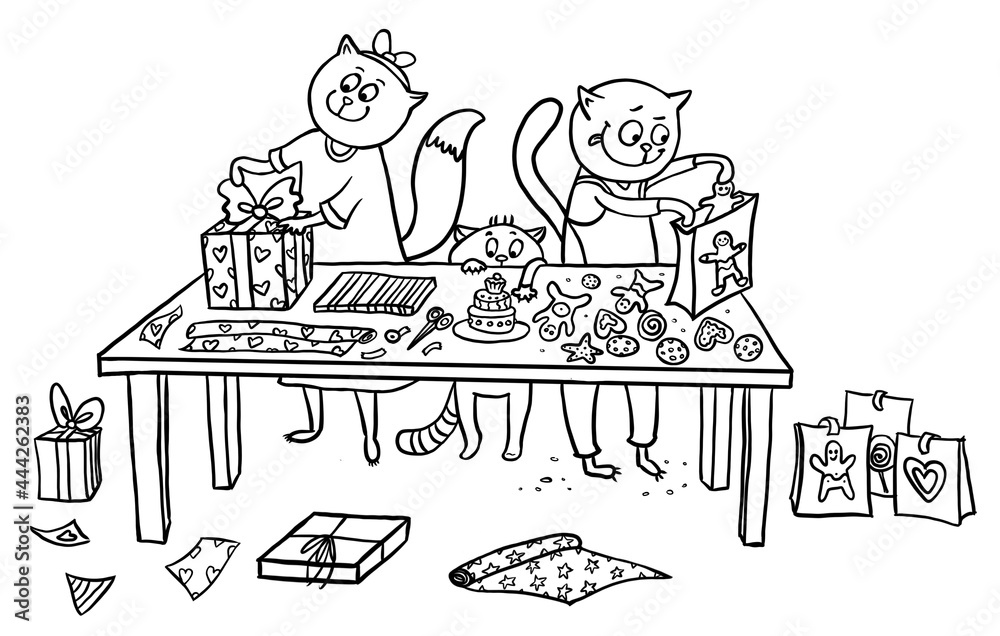 Funny cartoon illustration of cats family wrapping Christmas gift boxes and gingerbread cookies into present paper and bags. Little kitty trying to reach a cake on the table. Coloring book page. Funny cartoon illustration of cats family wrapping Christmas gift boxes and gingerbread cookies into present paper and bags. Little kitty trying to reach a cake on the table. Coloring book page.