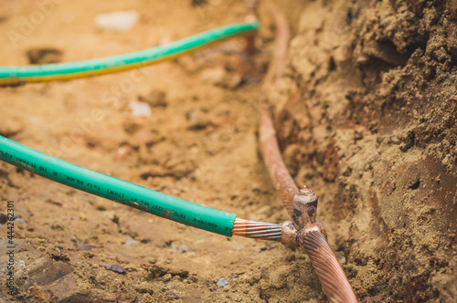 Welding copper ground wire on ground rod.Welding copper ground wire.Connect copper grounding lightning protection system. With the melting