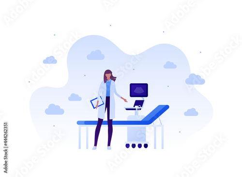 Ultrasound diagnostic concept. Vector flat people illustration. Female doctor standing with ultrasonic sonographer device and hospital bed. Design for health care, ultrasonography photo