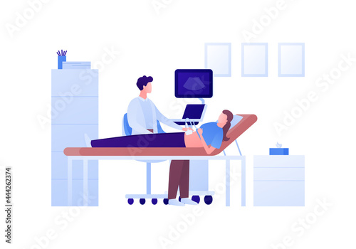 Ultrasound pregnancy diagnostic concept. Vector flat people illustration. Doctor with ultrasonographer machine and woman patient lying on bed in hospital office. Design for healthcare, ultrasonography