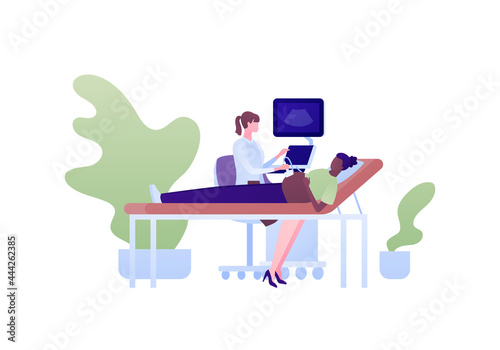 Ultrasound pregnancy diagnostic concept. Vector flat people illustration. Doctor with ultrasonographer machine and african american female patient lying on bed. Design for healthcare, ultrasonography