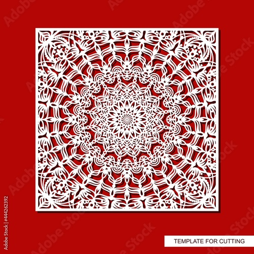 Square panel with carved ornament. Oriental pattern, round mandala, curls, decorative leaves and floral motifs. Vector template for plotter laser cutting of paper, metal engraving, wood carving, cnc.