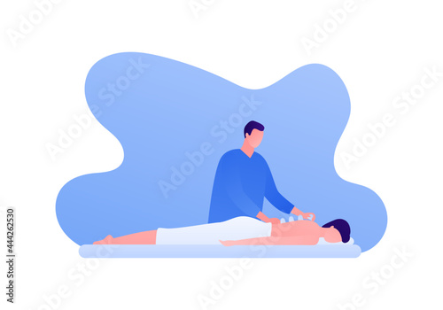 Massage cup therapy concept. Vector flat people illustration. Man therapist massaging with cups and patient person lying on couch. Design for health care, wellness, physiotherapy