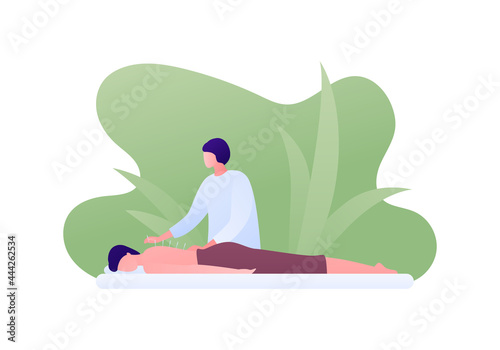 Acupuncture and massage therapy concept. Vector flat people illustration. Asian woman acupunturist and patient person lying on couch on green background isolated on white.