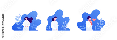 Motherhood concept. Vector flat people illustration set. Mother person from start of pregnancy to mom hug baby on hand. Family childcare symbol.