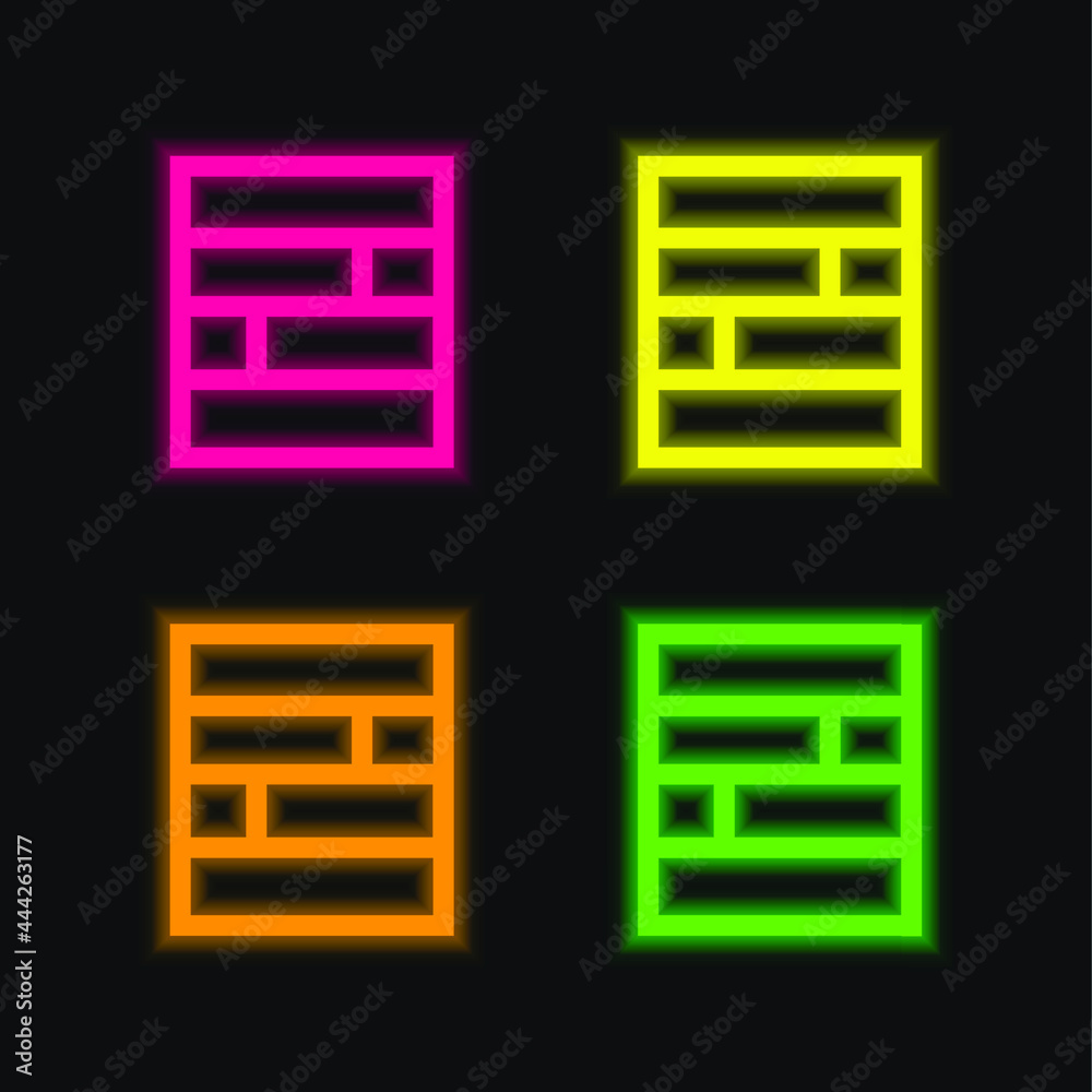 Bricks Pattern Square Button Interface Symbol four color glowing neon vector icon Bricks Pattern Square Button Interface Symbol four color glowing neon vector icon