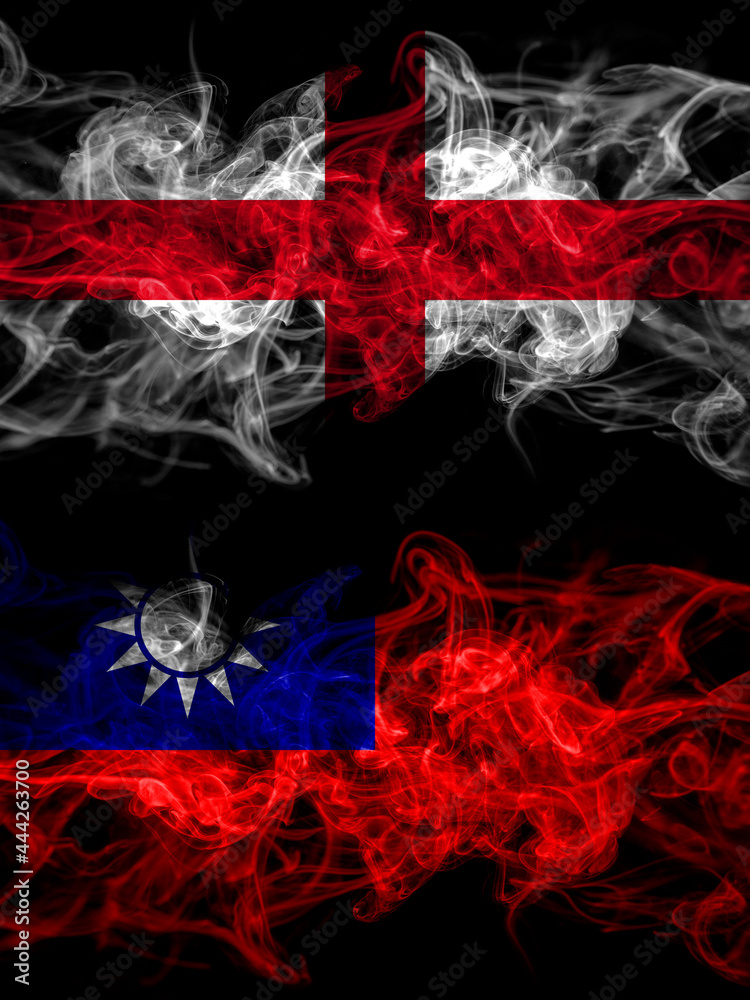 Flag of England, English and Taiwan, Taiwanese, China, Chinese countries with smoky effect Flag of England, English and Taiwan, Taiwanese, China, Chinese countries with smoky effect