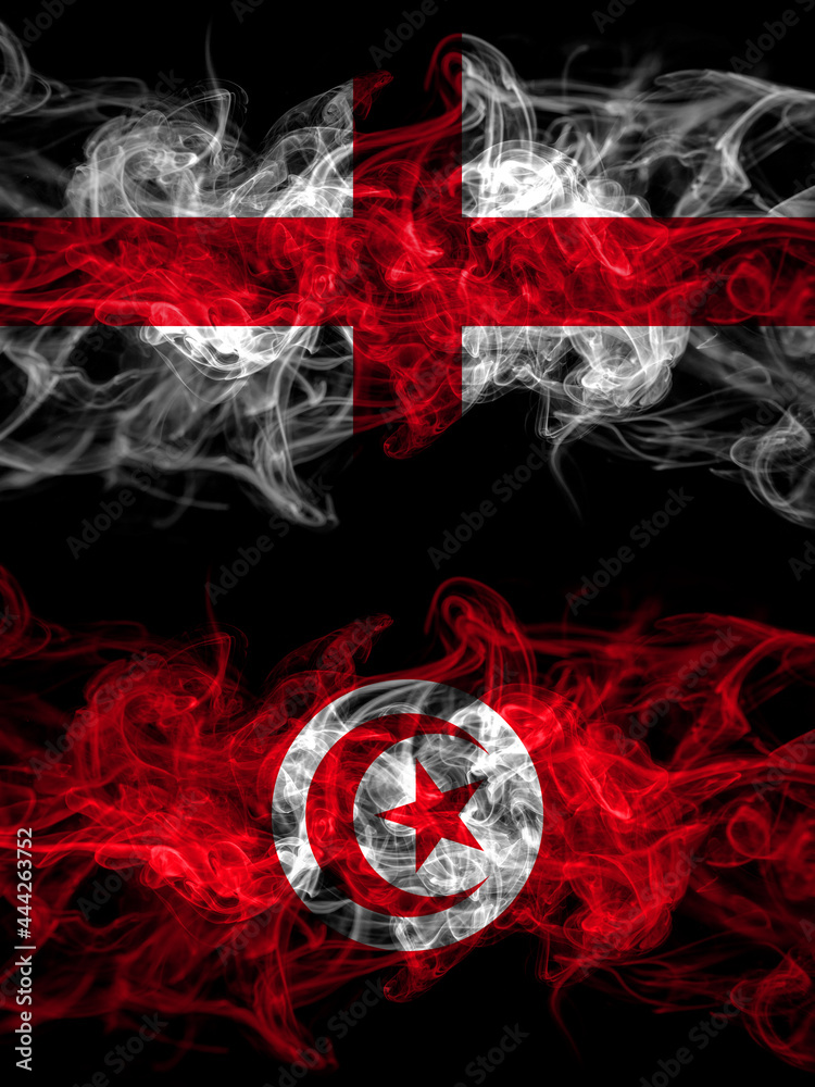 Flag of England, English and Tunisia countries with smoky effect