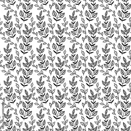 Rustic pattern. Hand draw branches with leaves background. Seamless pattern for wrapping